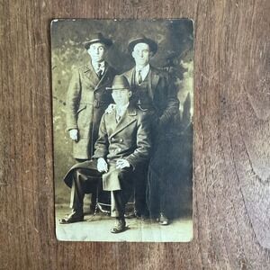 Antique Tintype Studio Photograph of three men 1920s Street Clothes Coats‎ Hats